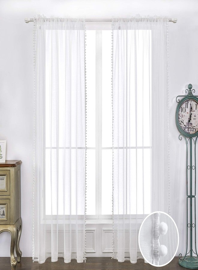 MISS SELECTEX Linen Look Pom Pom Tasseled Sheer Curtains - Rod Pocket Voile Semi-Sheer Curtains for Living and Bedroom, Set of 2 Curtain Panels (52 x 84 inch, White) - Image 3